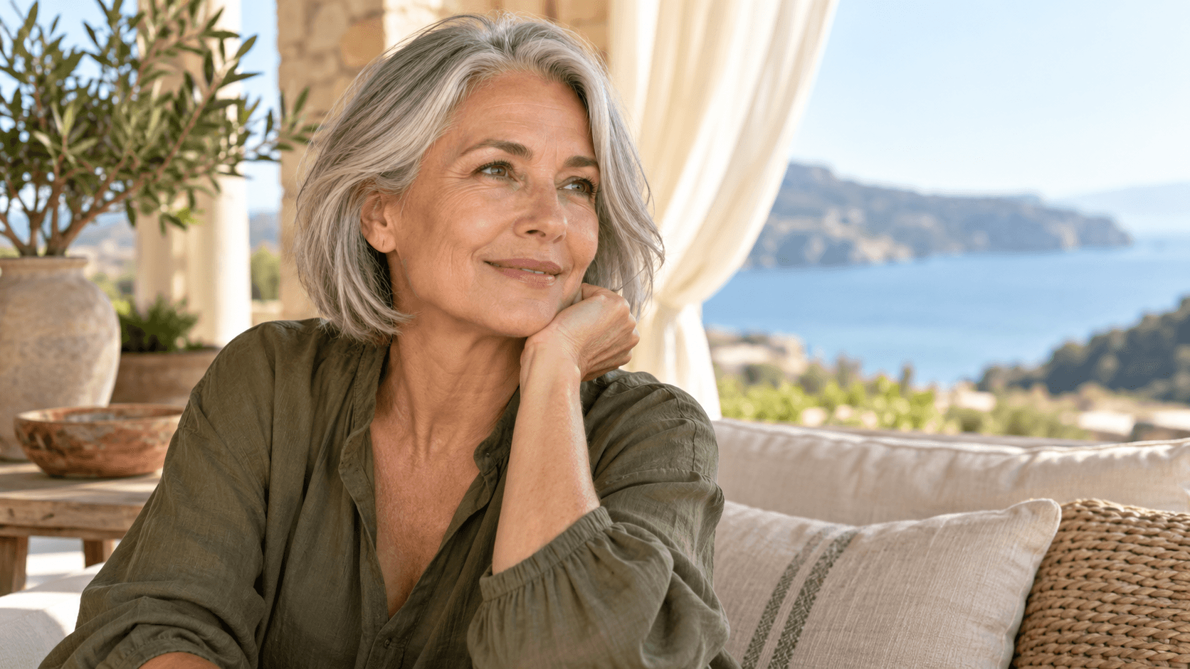 Woman with a silver bob seated in soft coastal light.