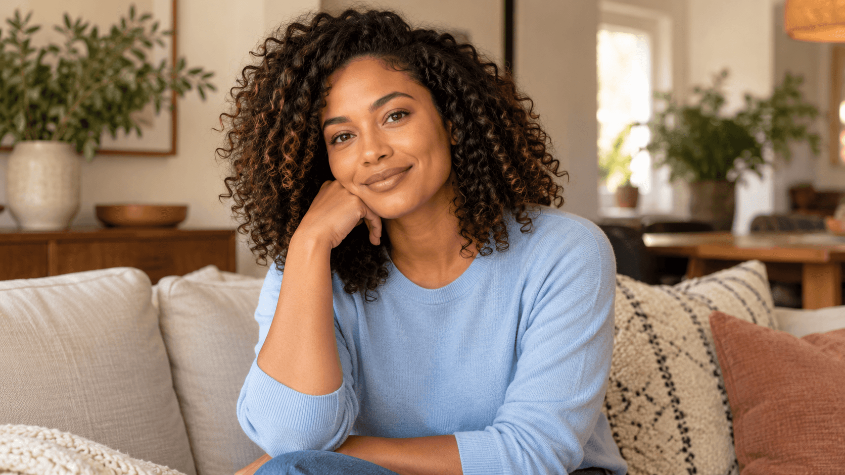 Woman with curly hair in a light blue top in a calm home interior.