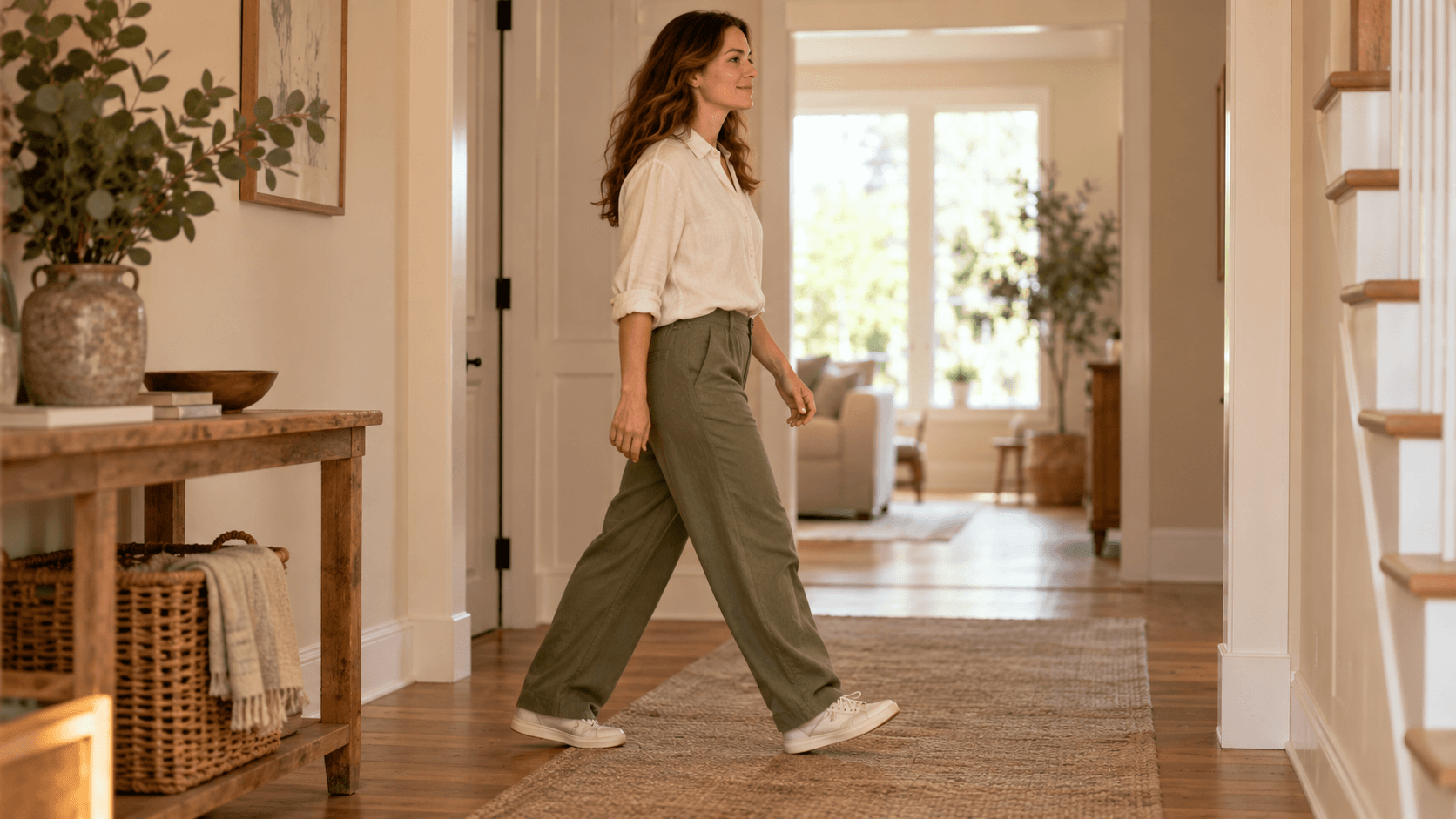 Woman in olive trousers and a cream shirt walking through an airy hallway.