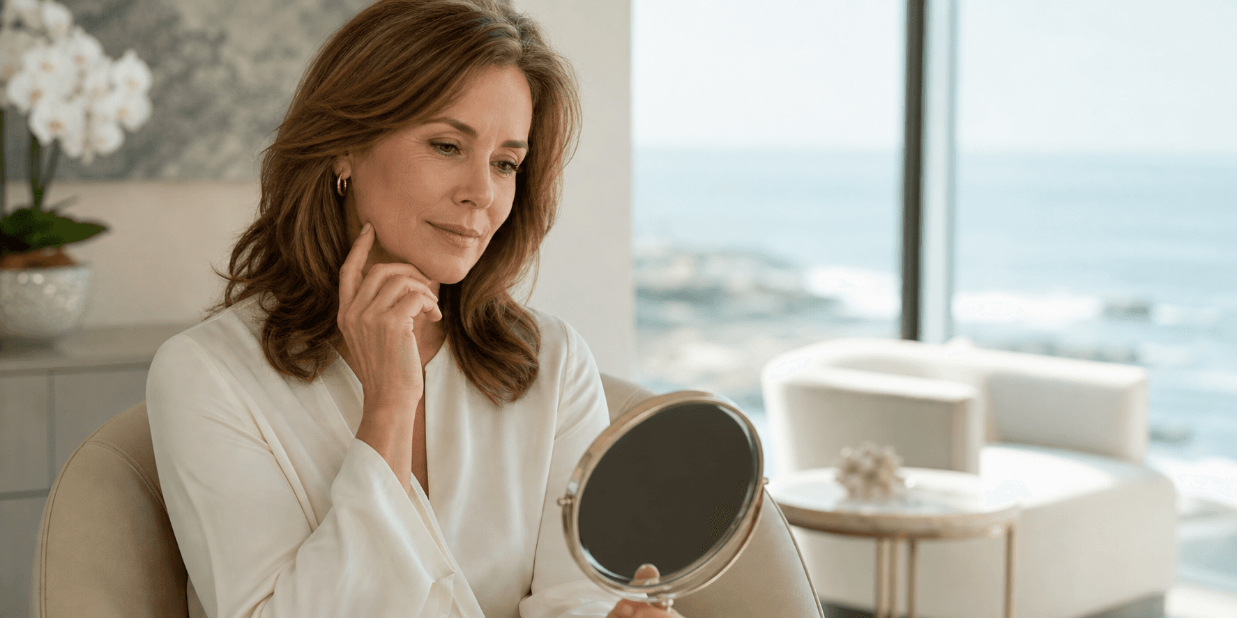 Mujer considerando opciones de rejuvenecimiento facial mientras observa un espejo pequeño