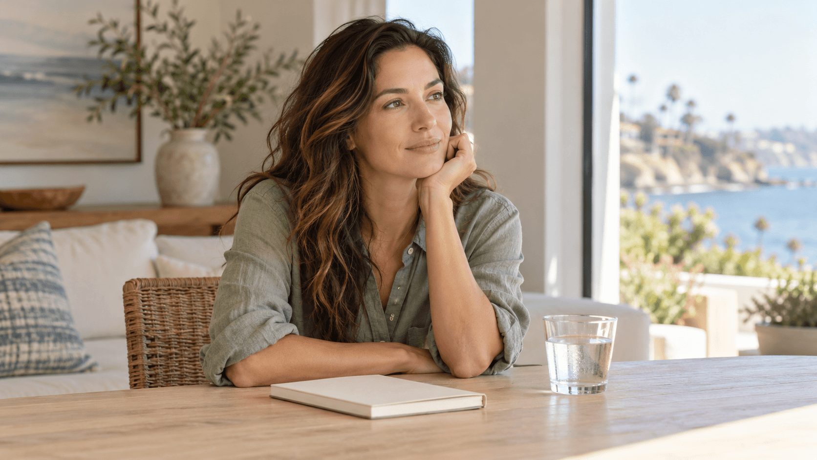 Woman in a sage shirt seated at a table beside a notebook and glass of water
