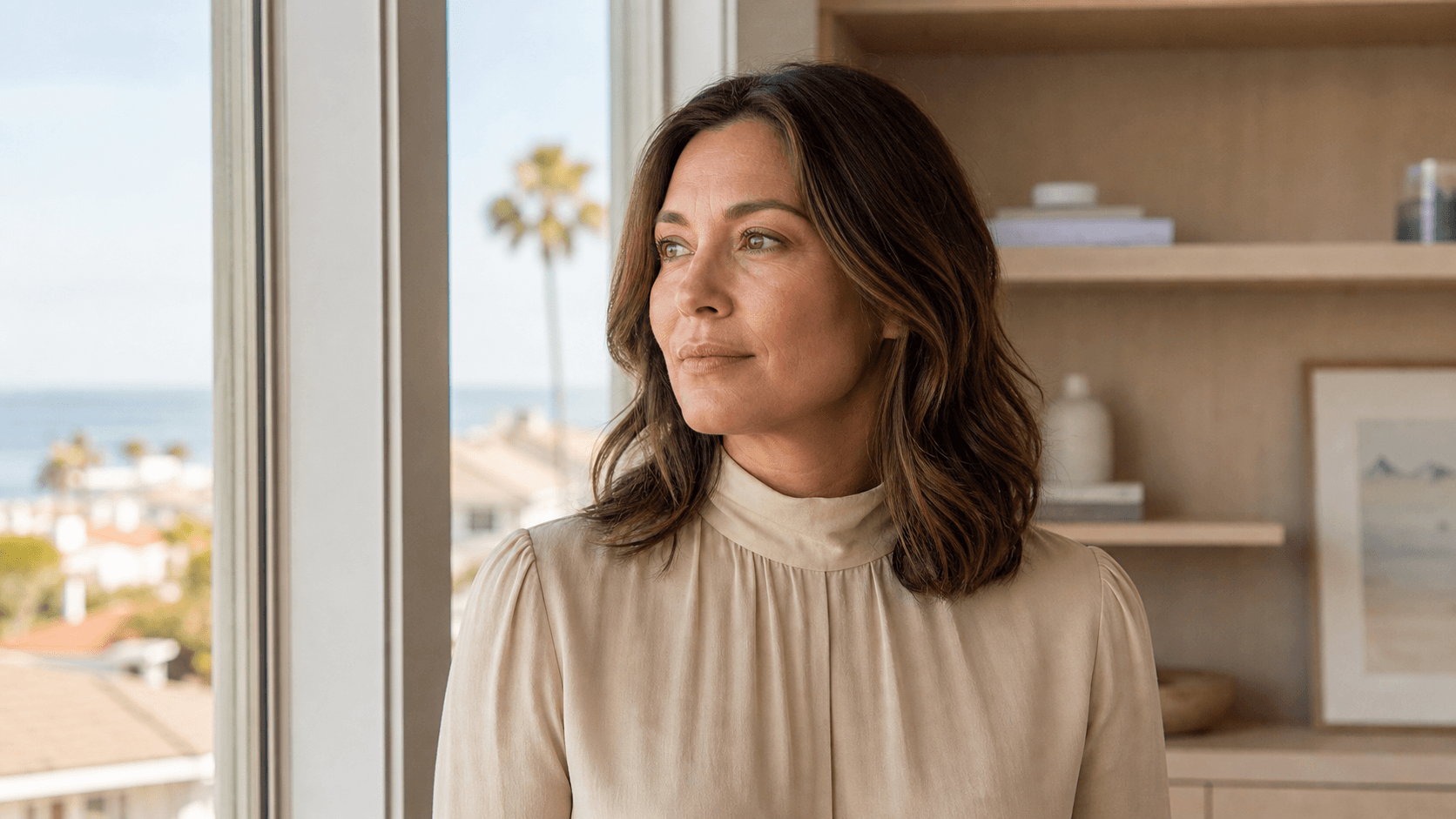 Mujer adulta observando el contorno natural de sus mejillas junto a una ventana