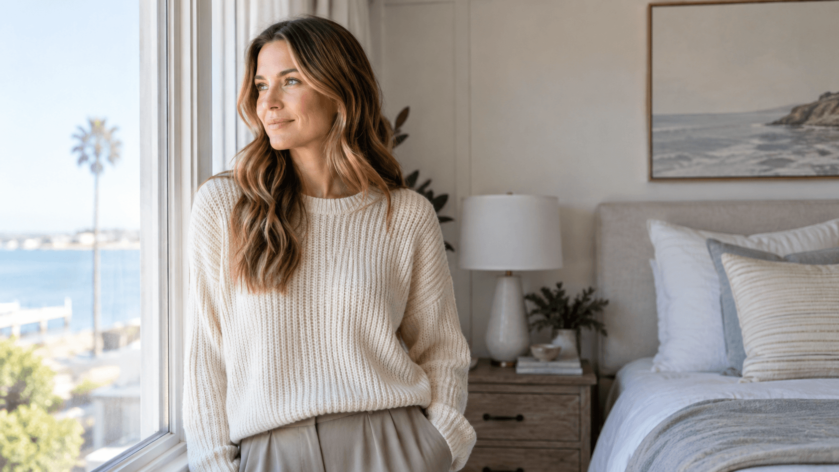 Woman in a cream sweater and trousers standing near a bedroom window.