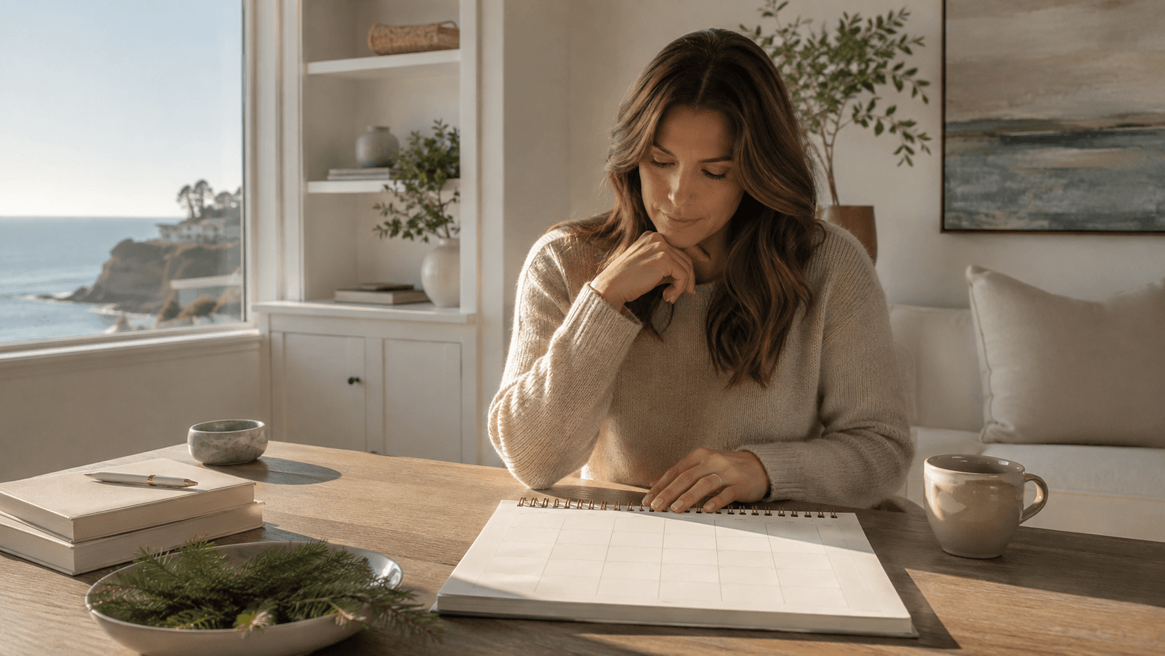 Woman planning a calm autumn recovery at home with subtle holiday greenery and no visible calendar text