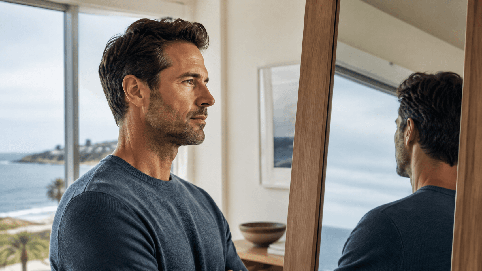 Hombre adulto observando su perfil nasal junto a una ventana costera con luz suave