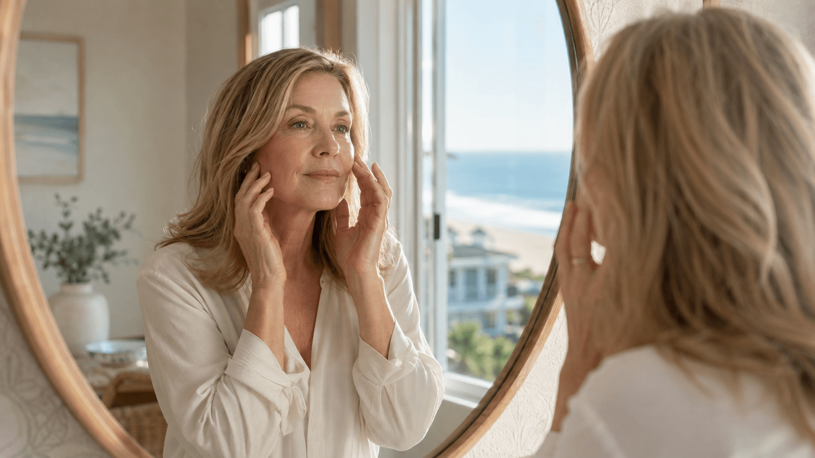 Woman thoughtfully observing facial balance and expression in a softly lit coastal interior