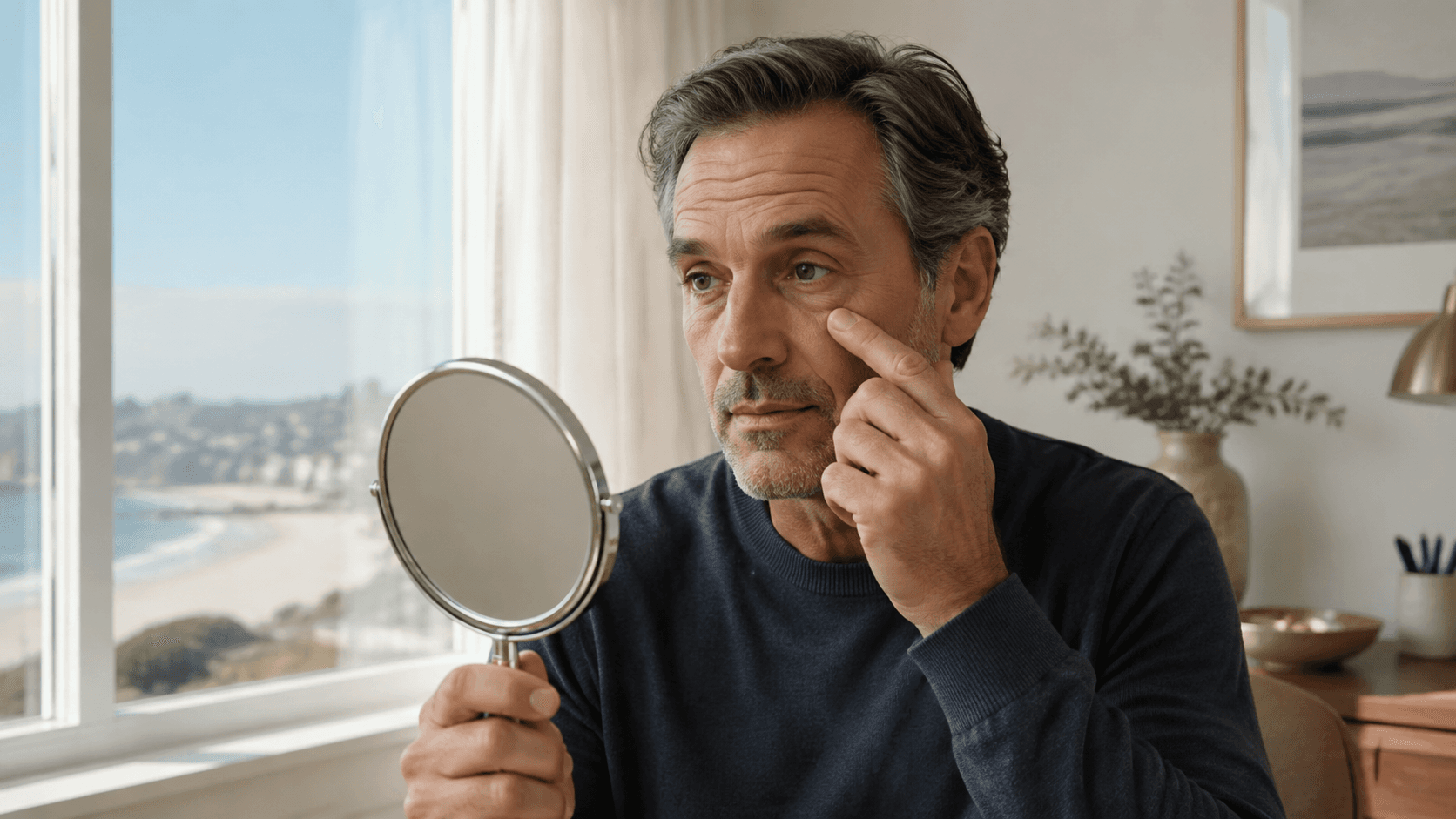 Adult man examining his eye area in a mirror in a calm coastal home