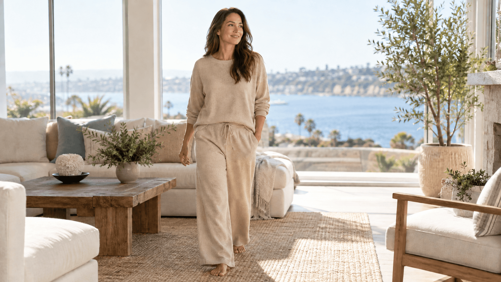 Woman in loose sand-colored clothing walking gently through a bright living room