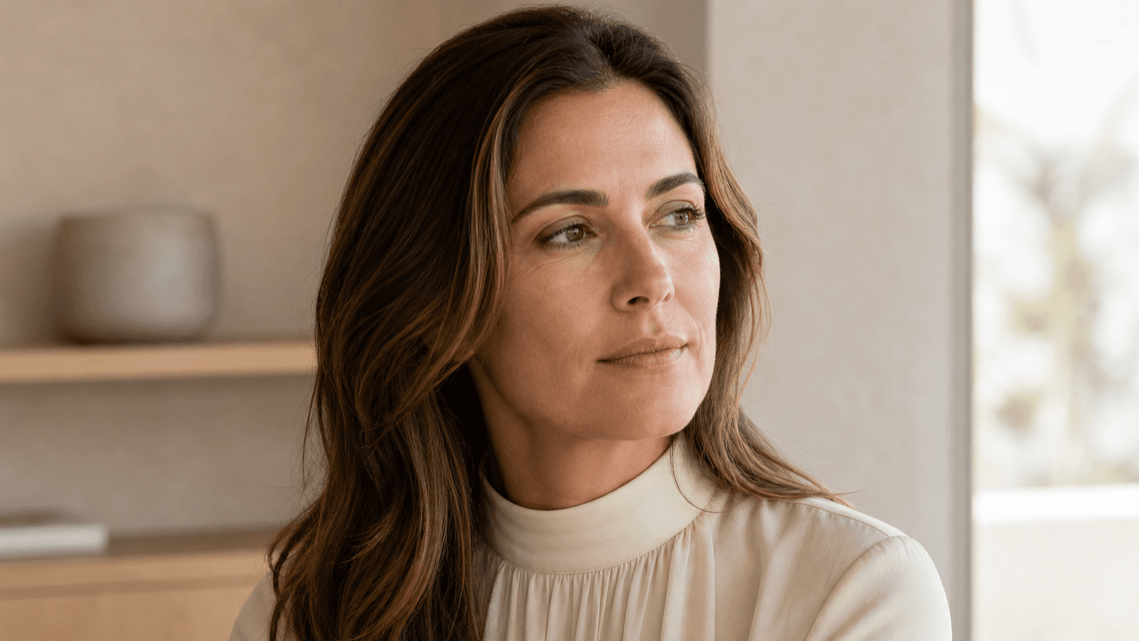 Mujer completamente vestida considerando opciones sutiles para el labio superior bajo luz costera