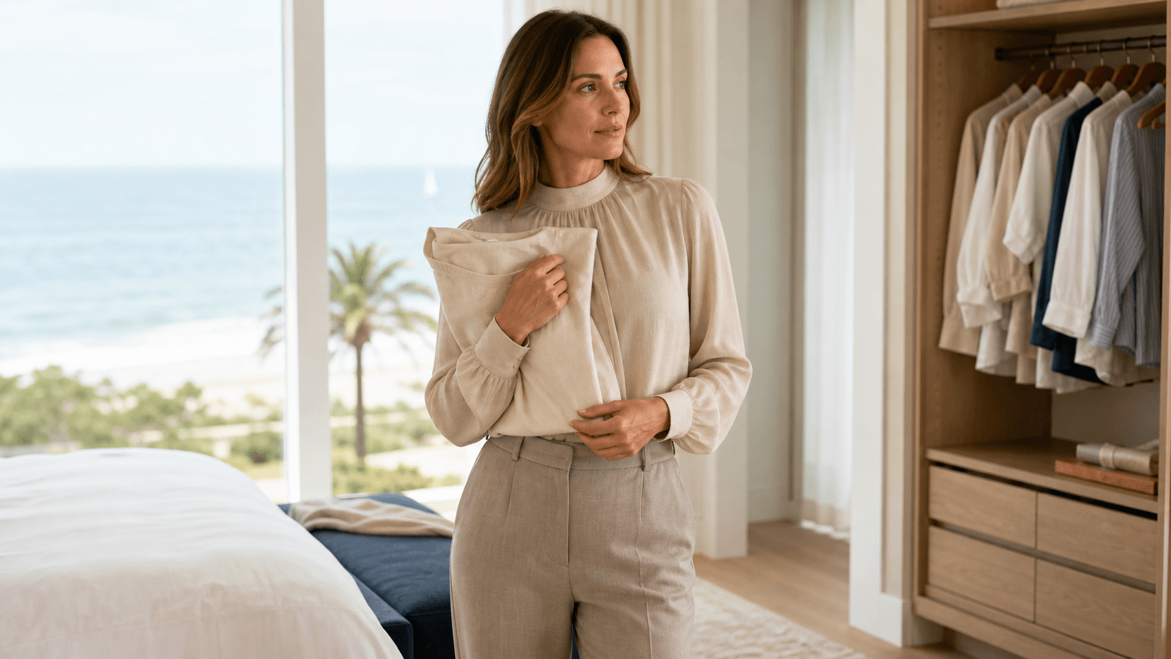 Mujer completamente vestida considerando opciones de levantamiento junto a una ventana costera iluminada