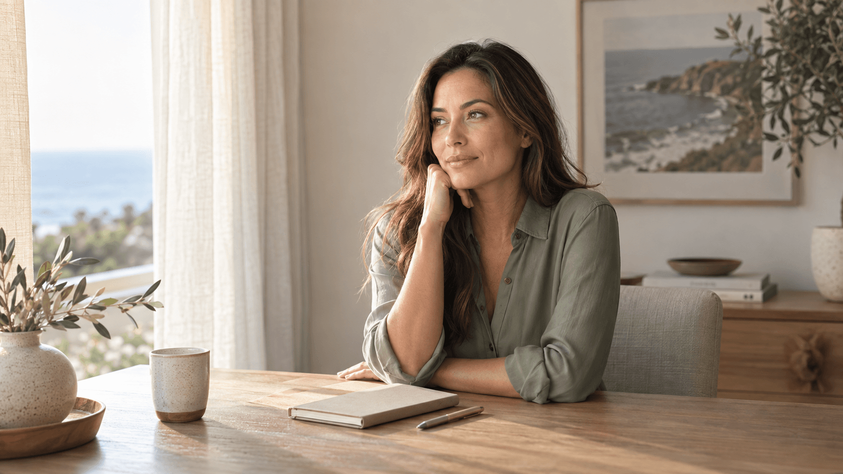 Mujer con blusa verde salvia junto a un cuaderno cerrado sobre un escritorio de roble