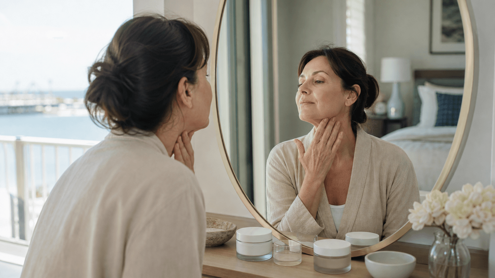 Woman considering skin care while observing her jaw and neck in a mirror