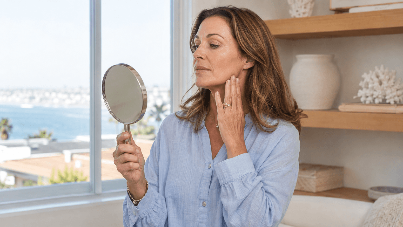 Mujer de cuarenta y tantos considerando con calma el balance facial en un interior costero luminoso