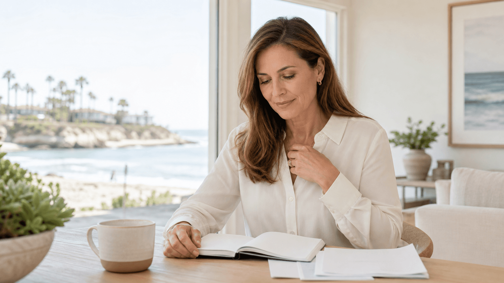 Fully clothed woman calmly reviewing health information in a coastal home