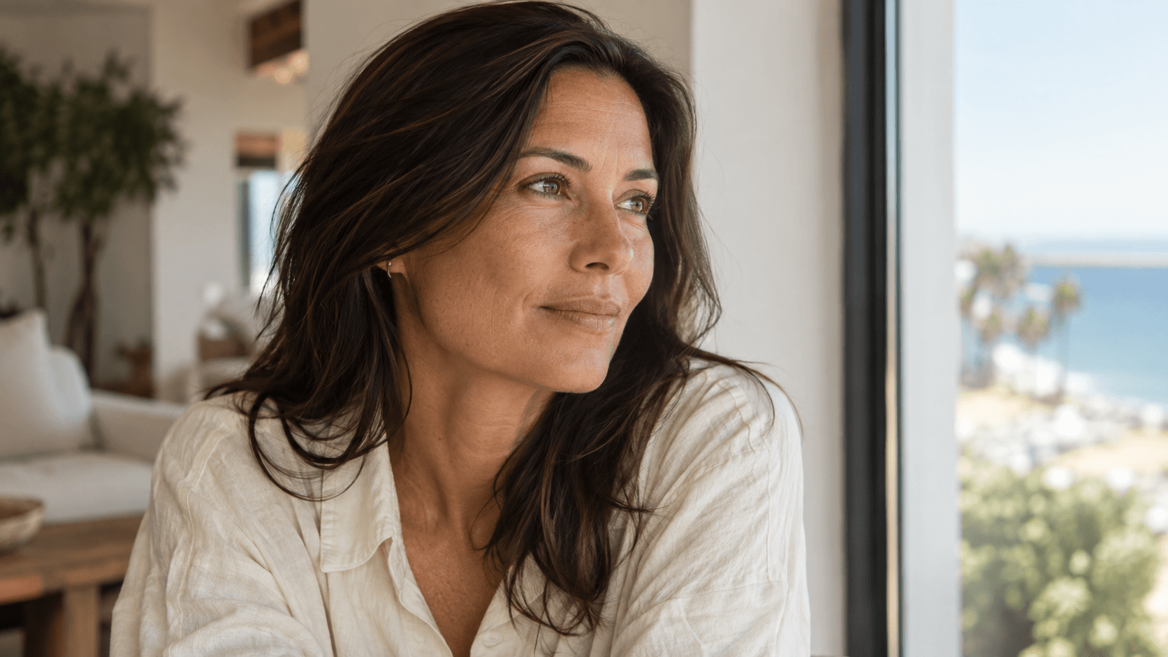 Close portrait of a woman with natural skin pigmentation in soft window light.