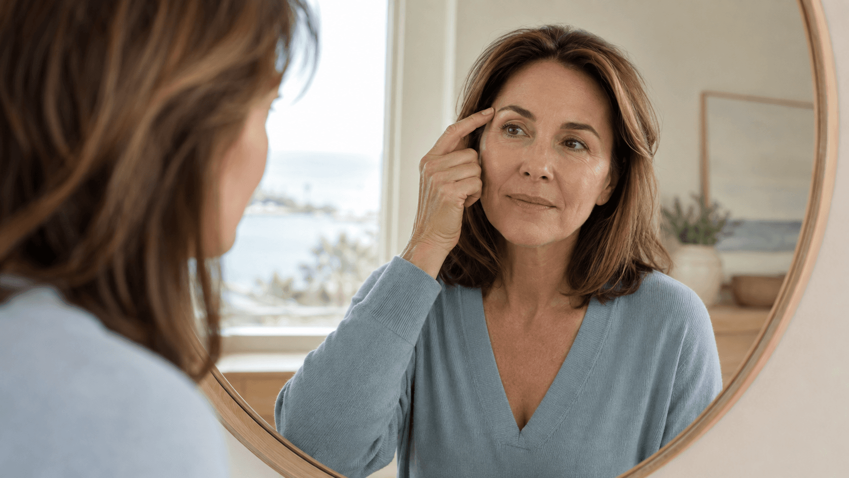 Woman gently touching her outer brow while looking into a mirror in soft coastal light