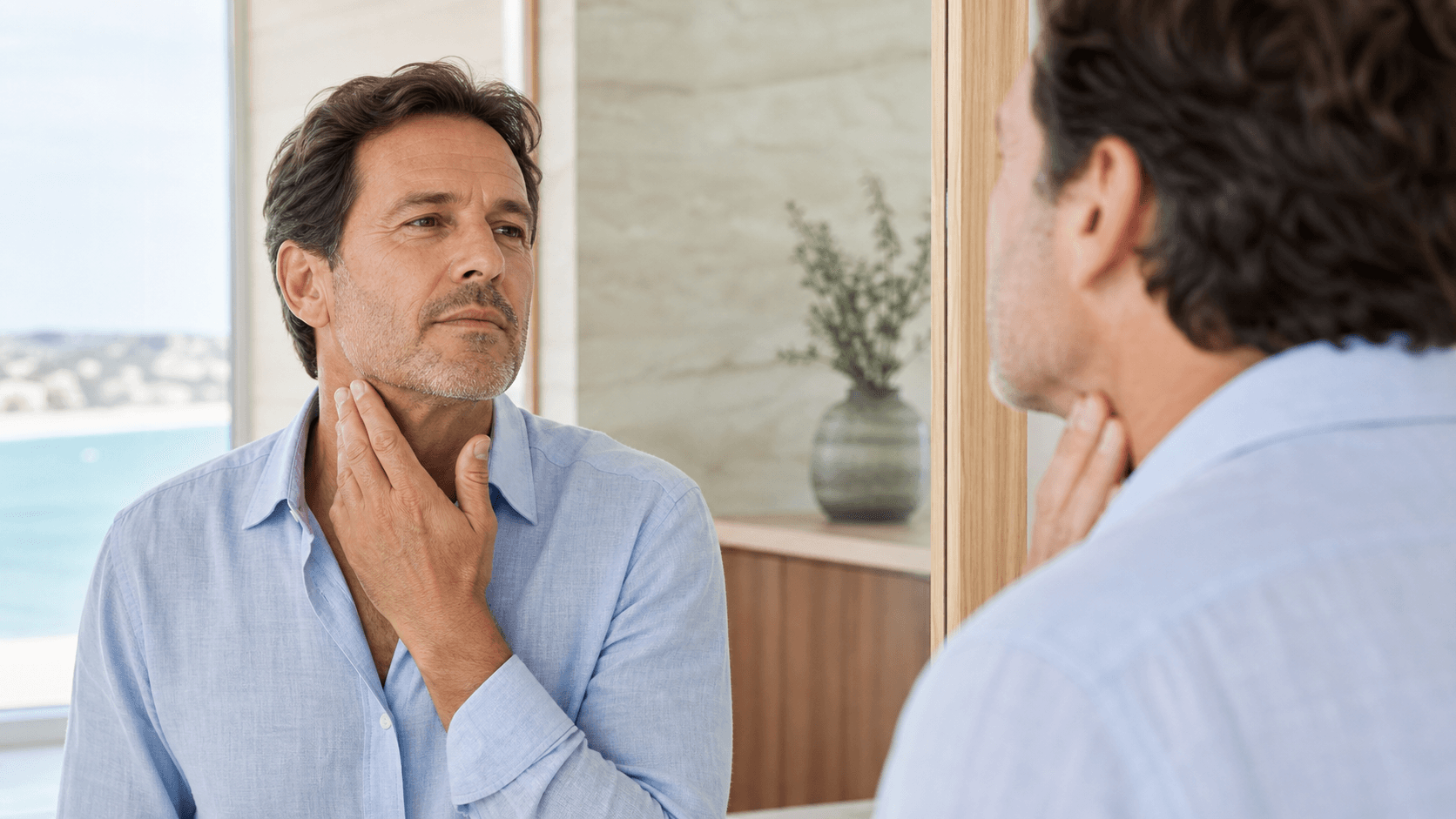 Man evaluating his jawline and neck in a mirror