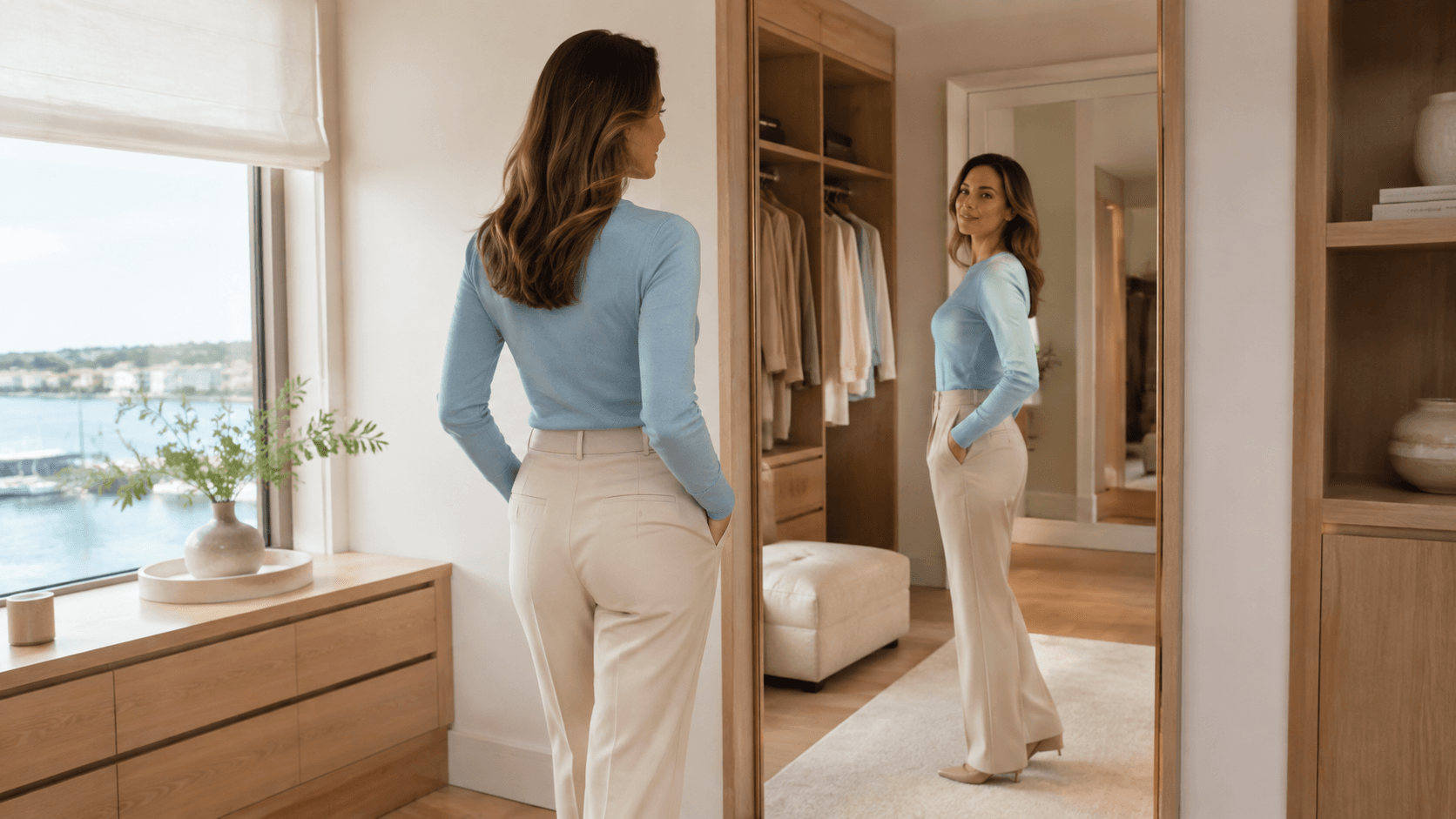 Fully clothed woman considering body contour proportions in a private coastal dressing room