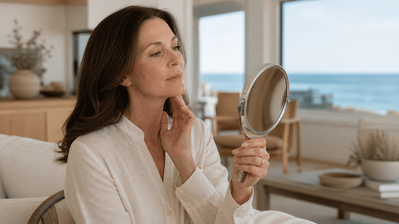 Woman thoughtfully examining her neck in a bright coastal home