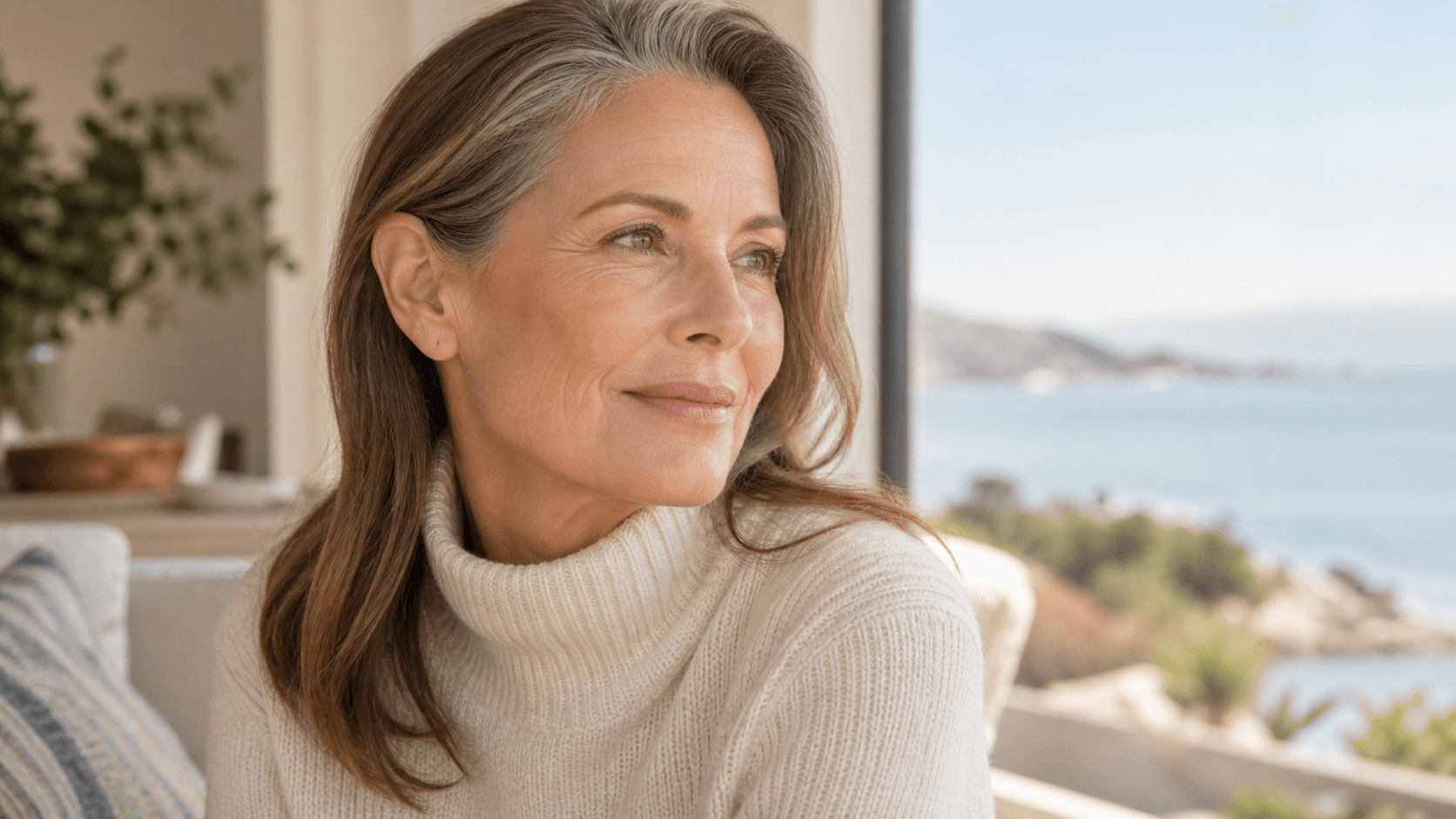 Woman with brown and gray hair tucked behind one ear in soft window light