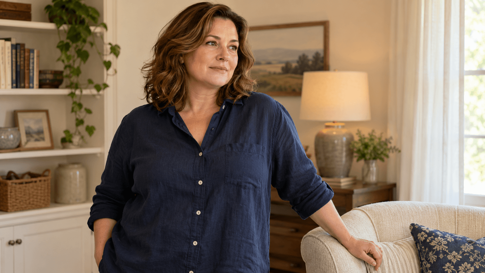 Woman in a navy shirt standing beside a cream armchair.