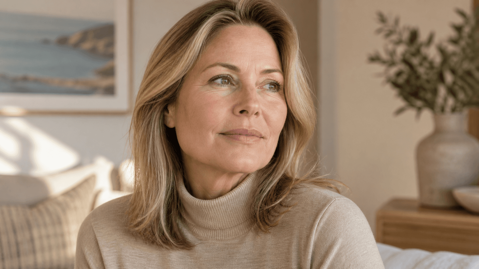 Retrato natural de tres cuartos de una mujer con labios relajados y blusa beige de cuello alto
