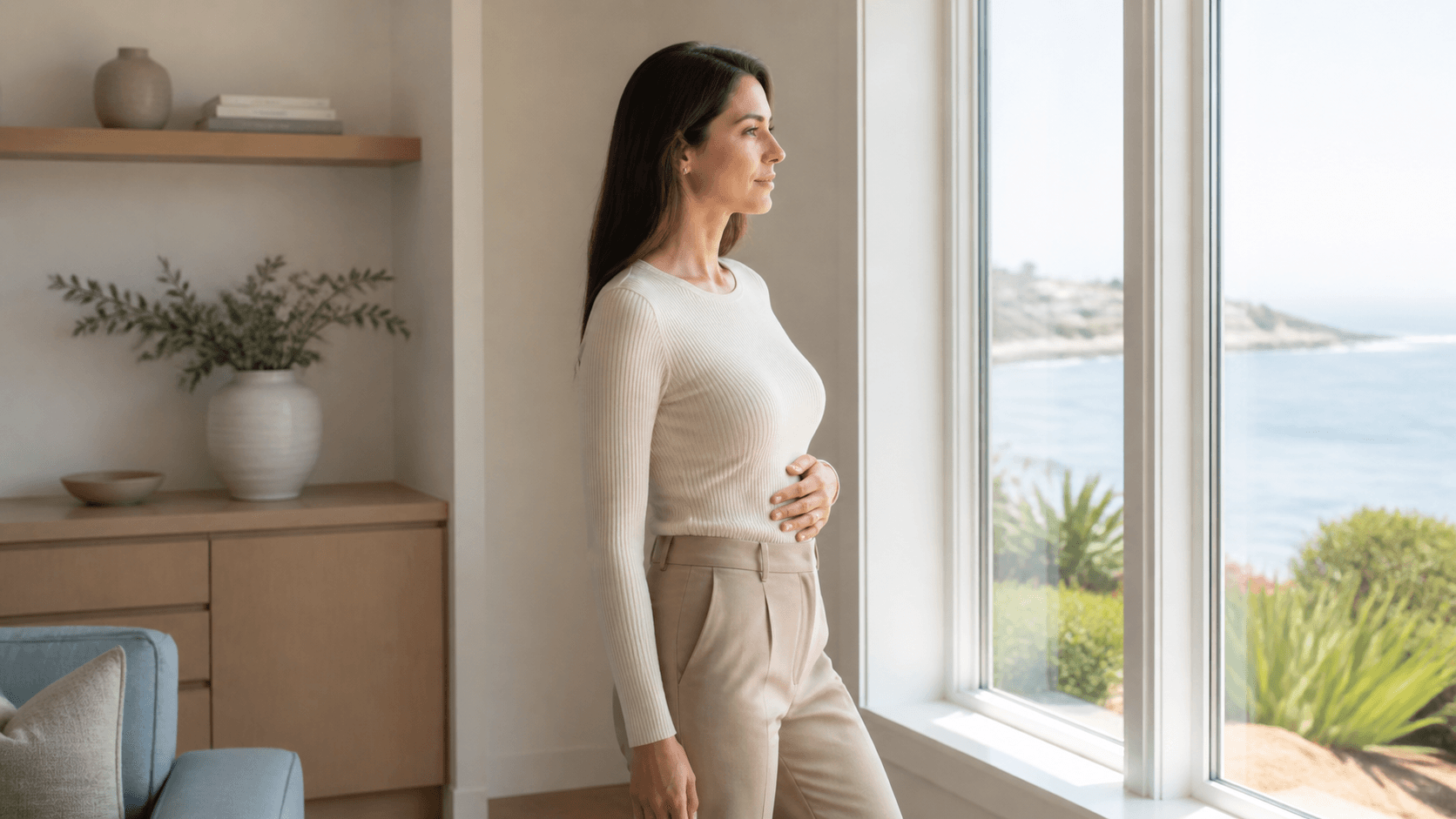 Fully clothed woman standing naturally with one hand resting over her midsection in a coastal home