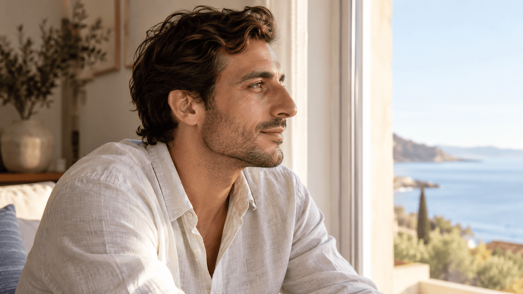 Profile portrait of a man in a linen shirt beside a window.