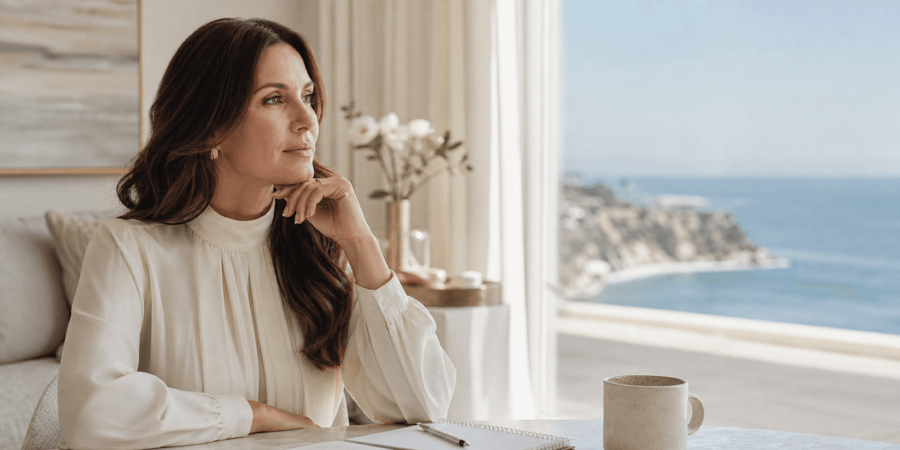 Woman thoughtfully considering breast implant removal options in a calm Newport Beach setting