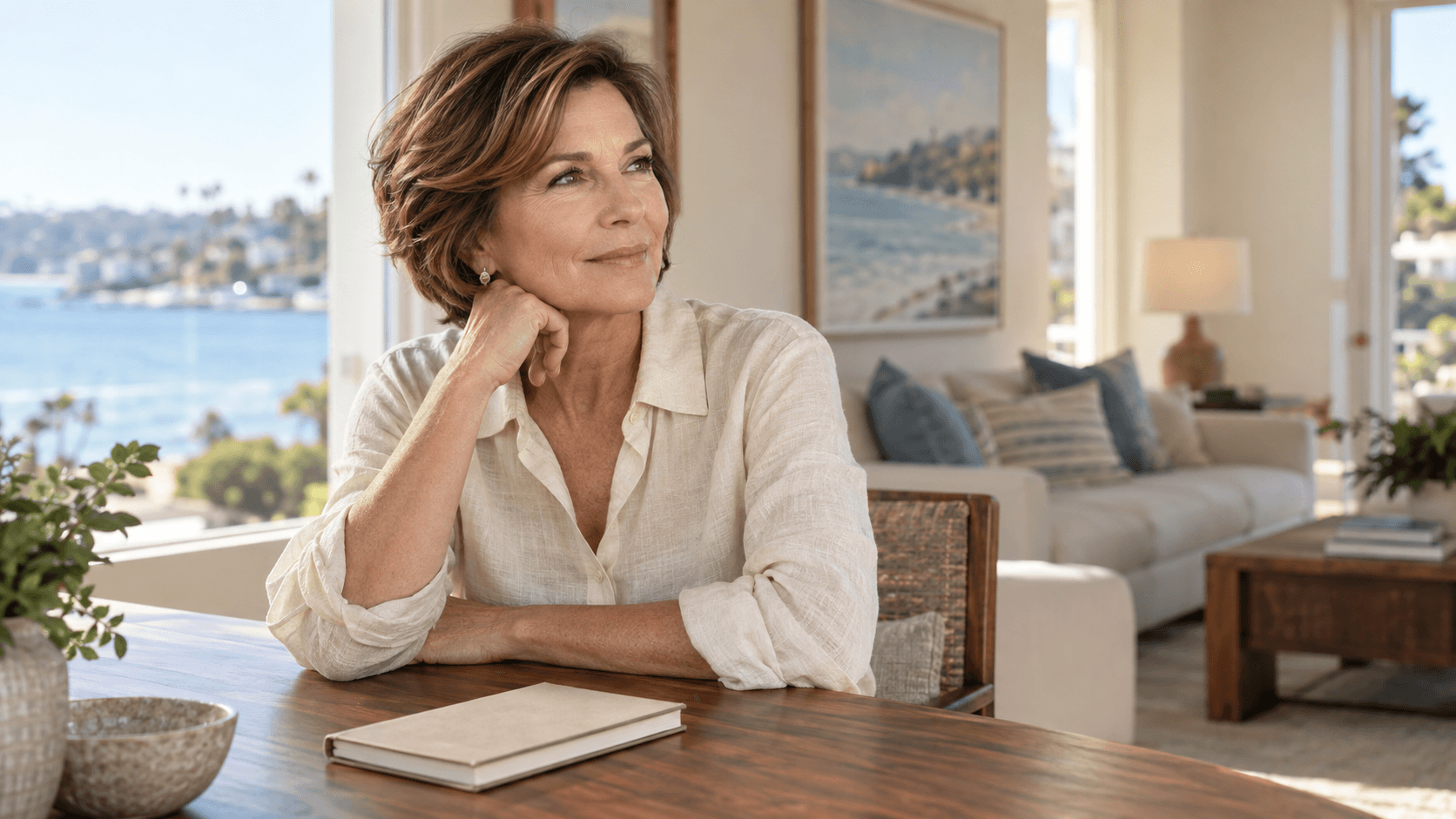 Woman in a cream blouse sitting beside a closed notebook in a softly lit coastal room