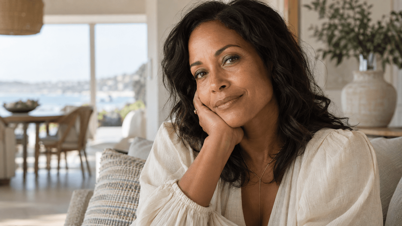 Mujer de piel morena y textura facial natural descansando junto a una ventana.