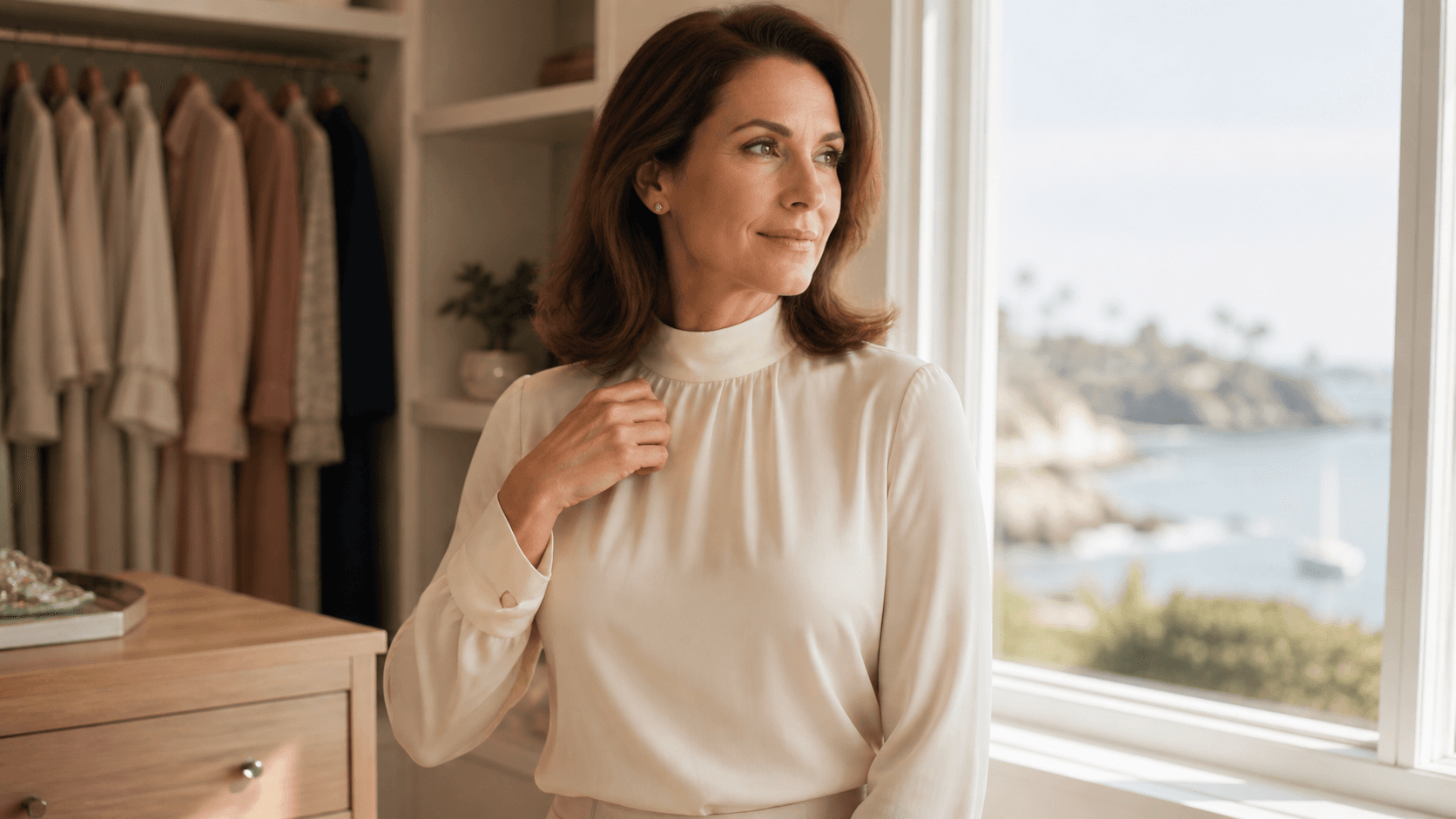 Fully clothed woman choosing a supportive top in a softly lit coastal bedroom