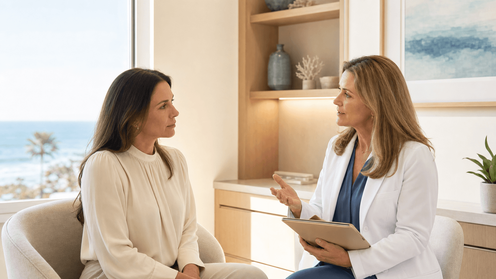 Adult patient discussing double-bubble breast implant revision with a female physician in a private Newport Beach consultation