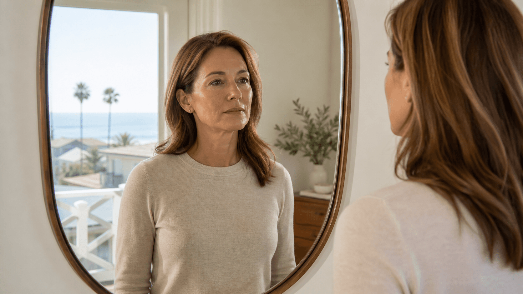 Mujer observando suavemente sus contornos faciales frente a un espejo