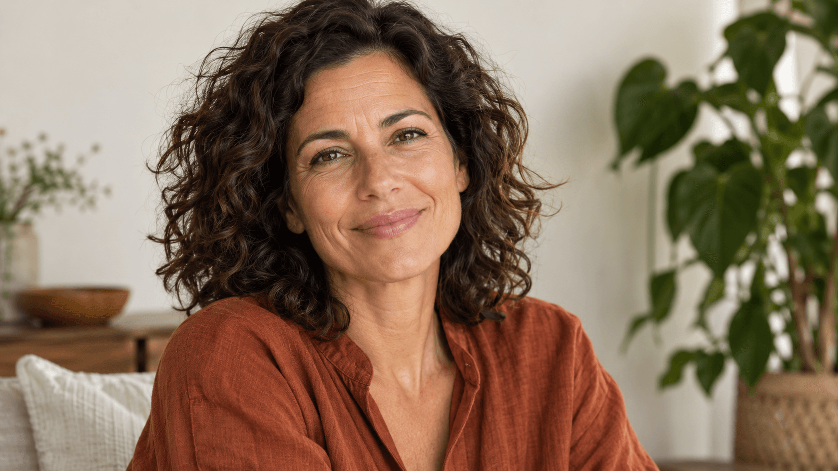 Woman with curly hair and natural facial lines wearing a rust blouse.