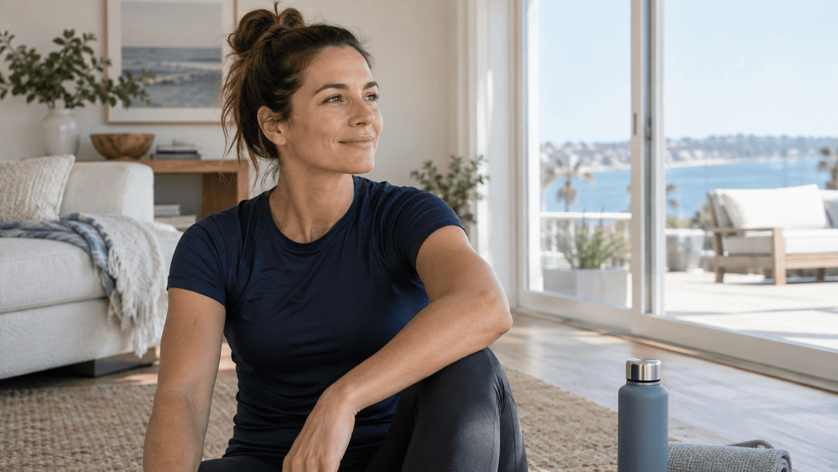 Mujer con camiseta deportiva azul marino descansando en casa.