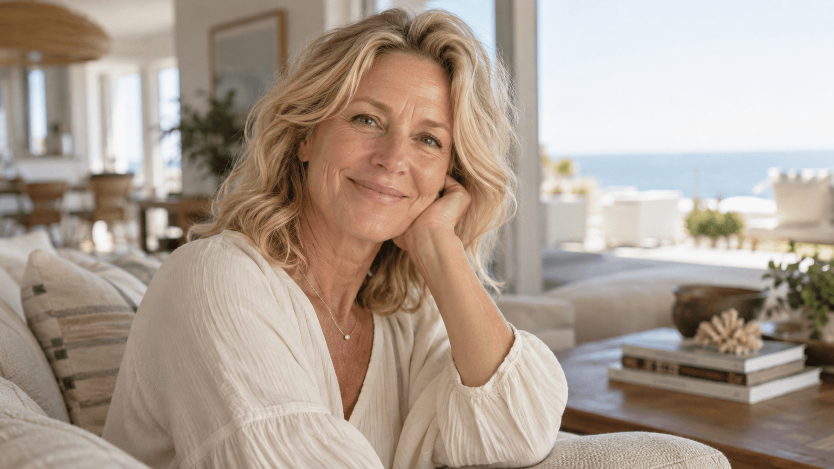 Woman with a relaxed smile and natural smile lines in a bright living room.