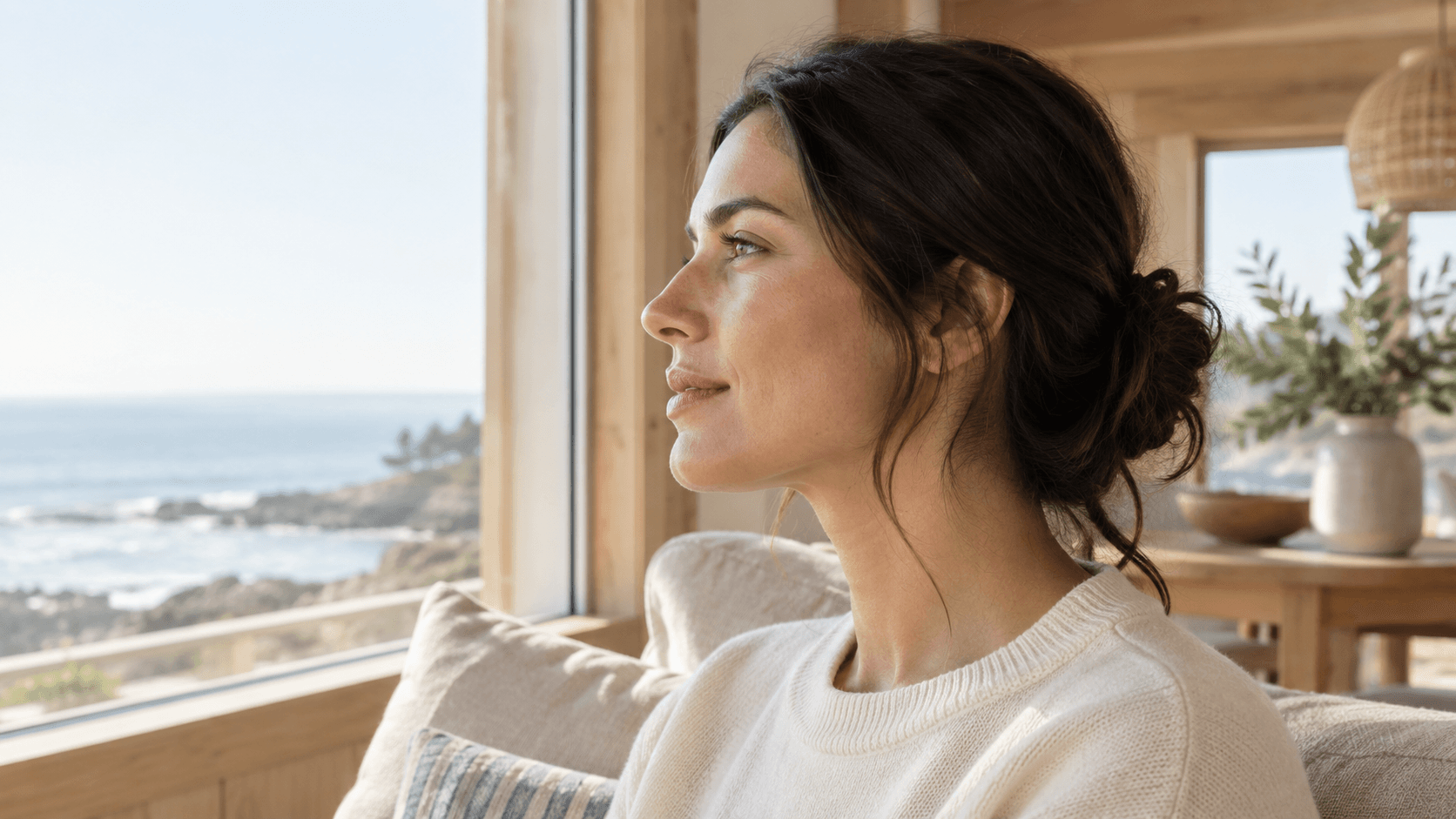 Profile portrait of a woman with her hair tied back in soft window light.