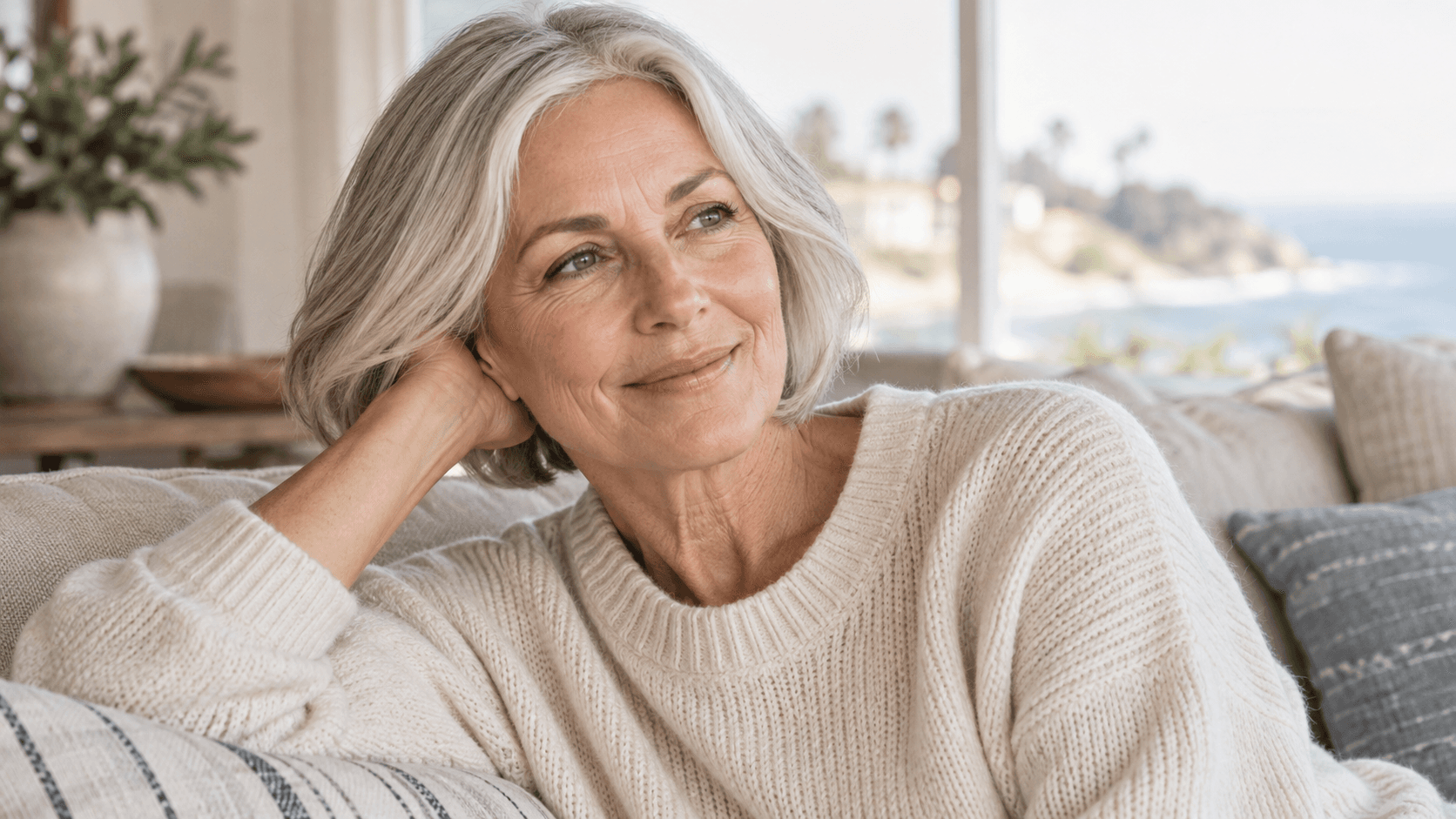 Mujer de cabello plateado con suéter crema descansando en un sofá de lino