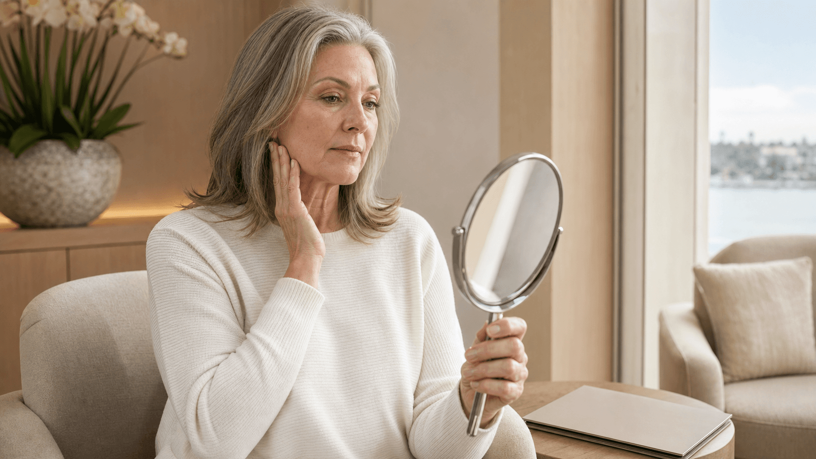 Woman thoughtfully evaluating her jawline while considering revision facelift options