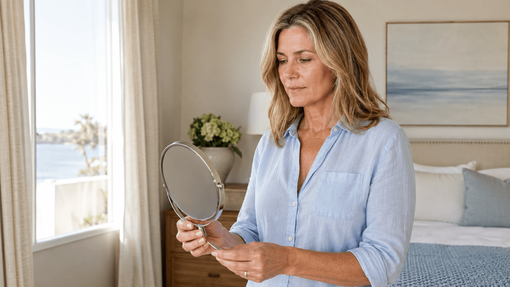 Woman thoughtfully studying her facial proportions in a mirror in a warm neutral room