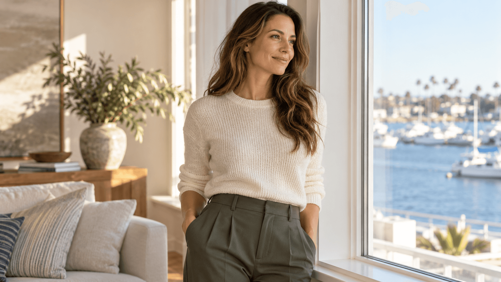 Woman in a cream sweater and olive trousers standing beside a window