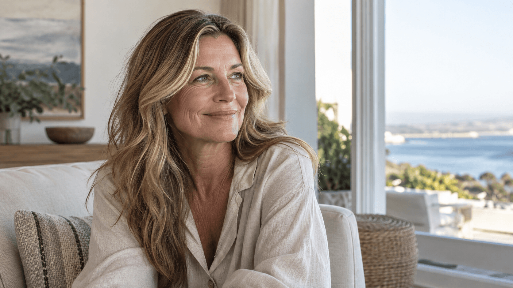 Woman with a gentle smile and natural facial lines beside a coastal window.
