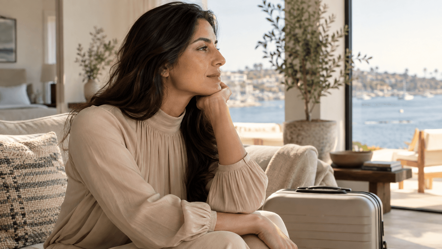 Woman in profile sitting beside a closed suitcase in a sunlit coastal apartment