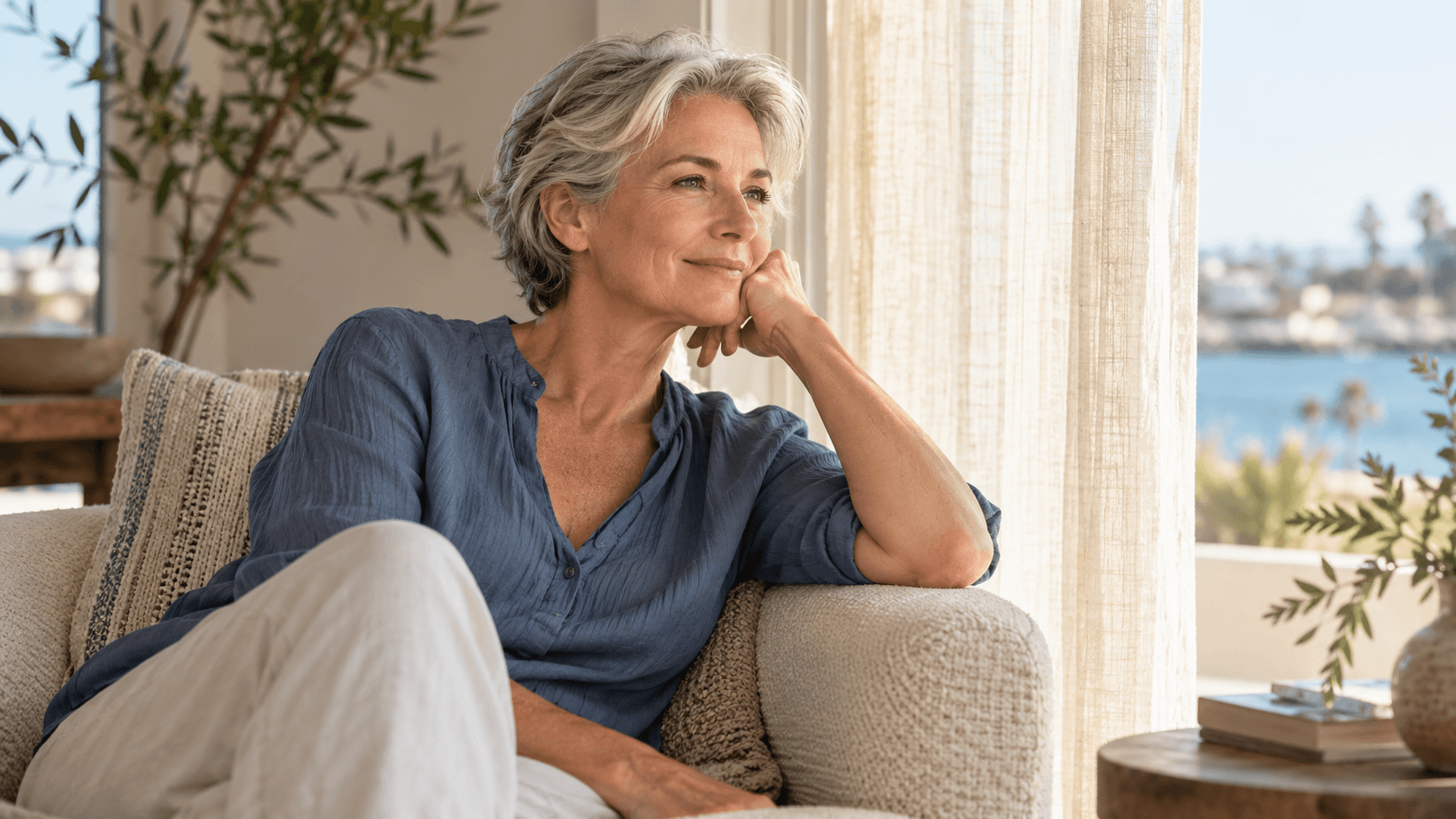 Woman with short silver hair relaxing in an armchair beside a window