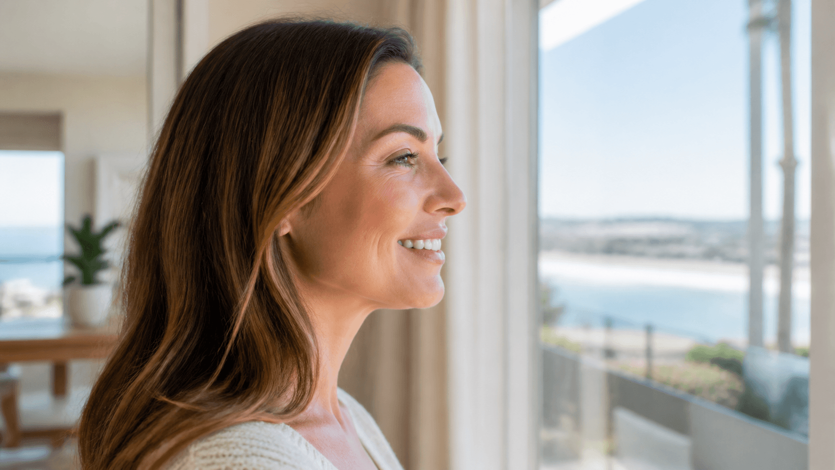 Mujer sonriendo con naturalidad mientras observa su perfil en un espejo