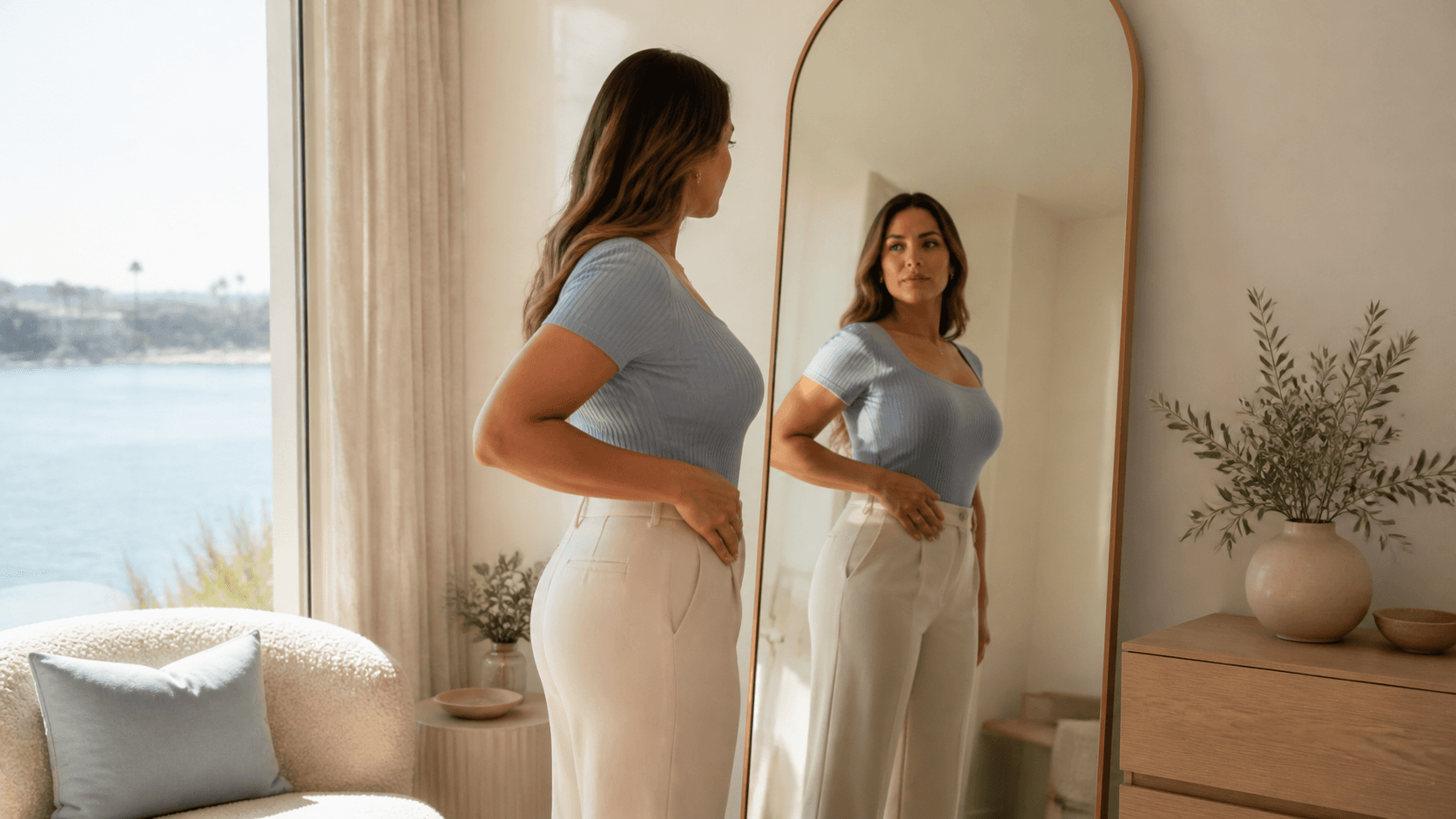Mujer completamente vestida considerando opciones de contorno abdominal en una habitación costera con luz suave