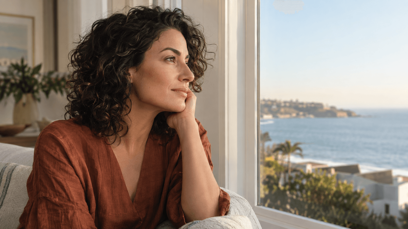 Woman with curly dark hair looking through a window in a quiet coastal room