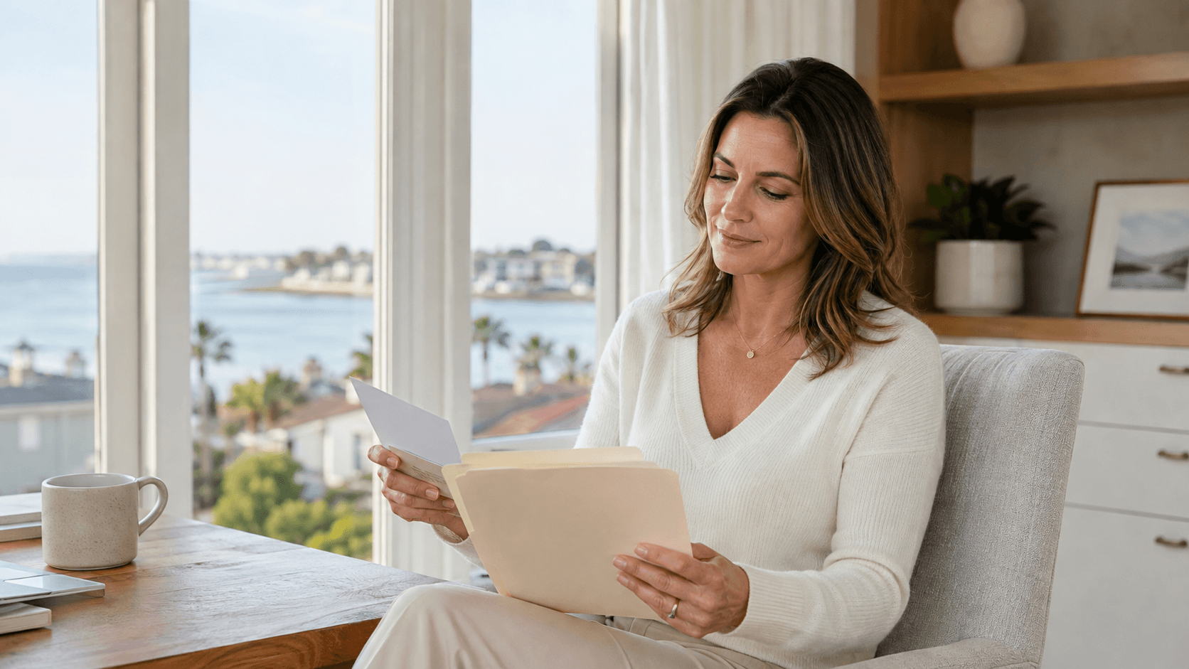 Woman calmly reviewing long-term breast implant records in a private coastal home