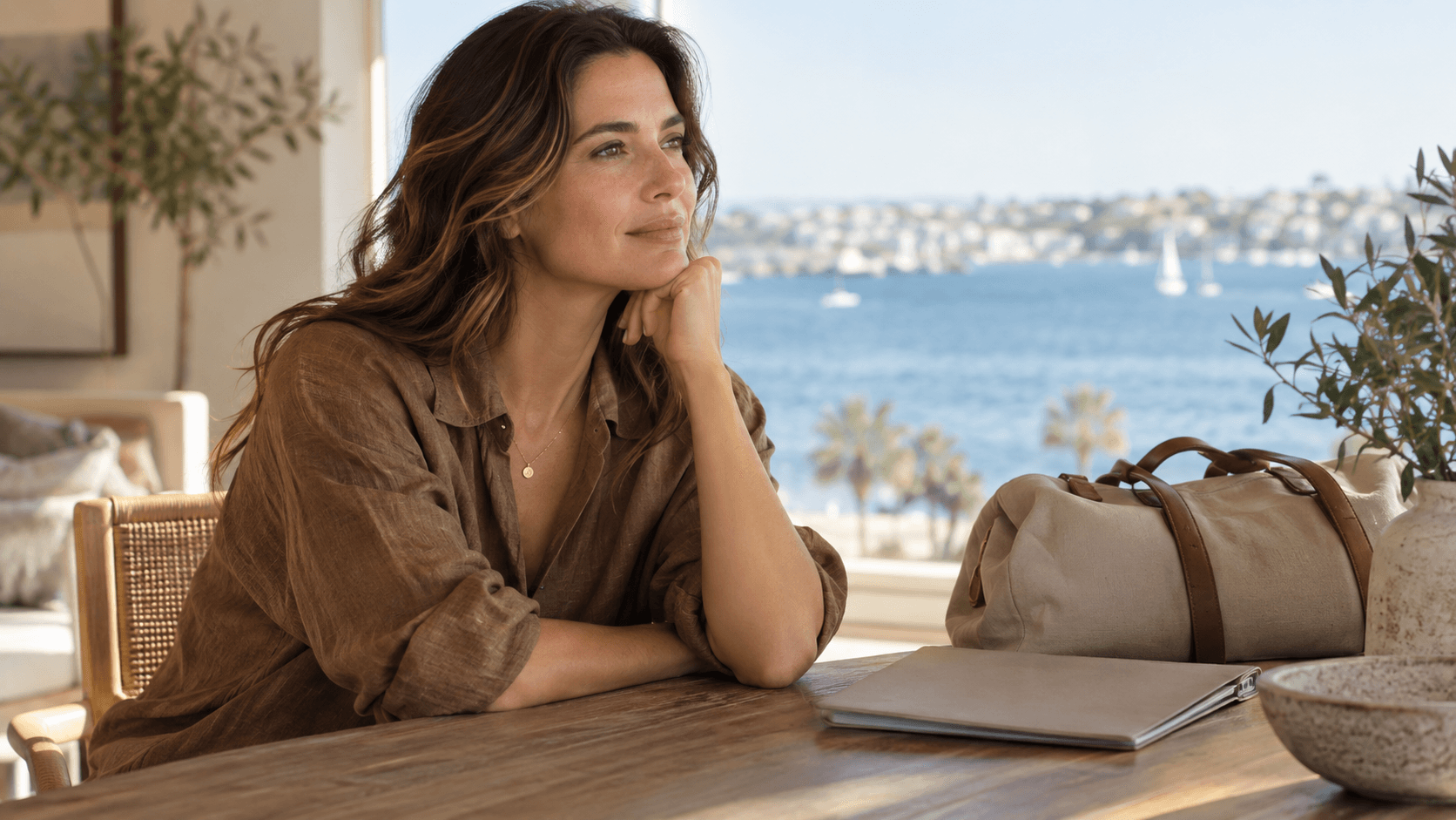 Woman in a brown linen blouse beside a closed travel bag and folder at a wooden table